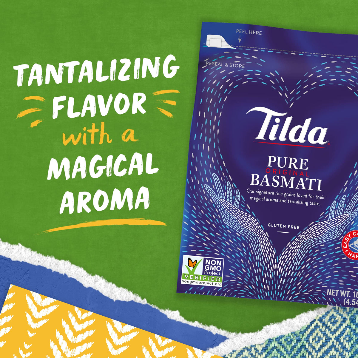 Family kitchen scene featuring Tilda Pure Basmati rice in a large resealable bag.
