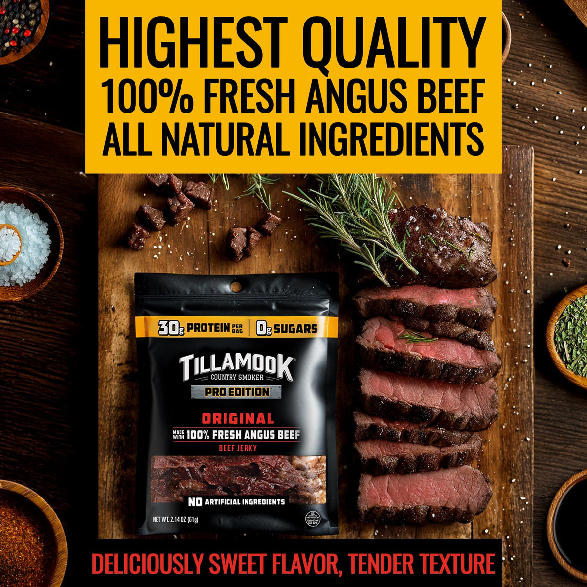 Tillamook Zero Sugar jerky close-up highlighting clean, protein-packed bite.