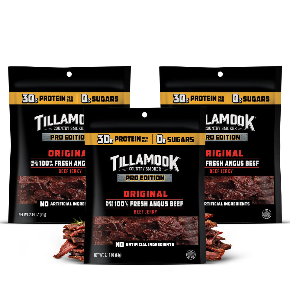Tillamook PRO Edition Zero Sugar jerky pack ready-to-eat high-protein snack.