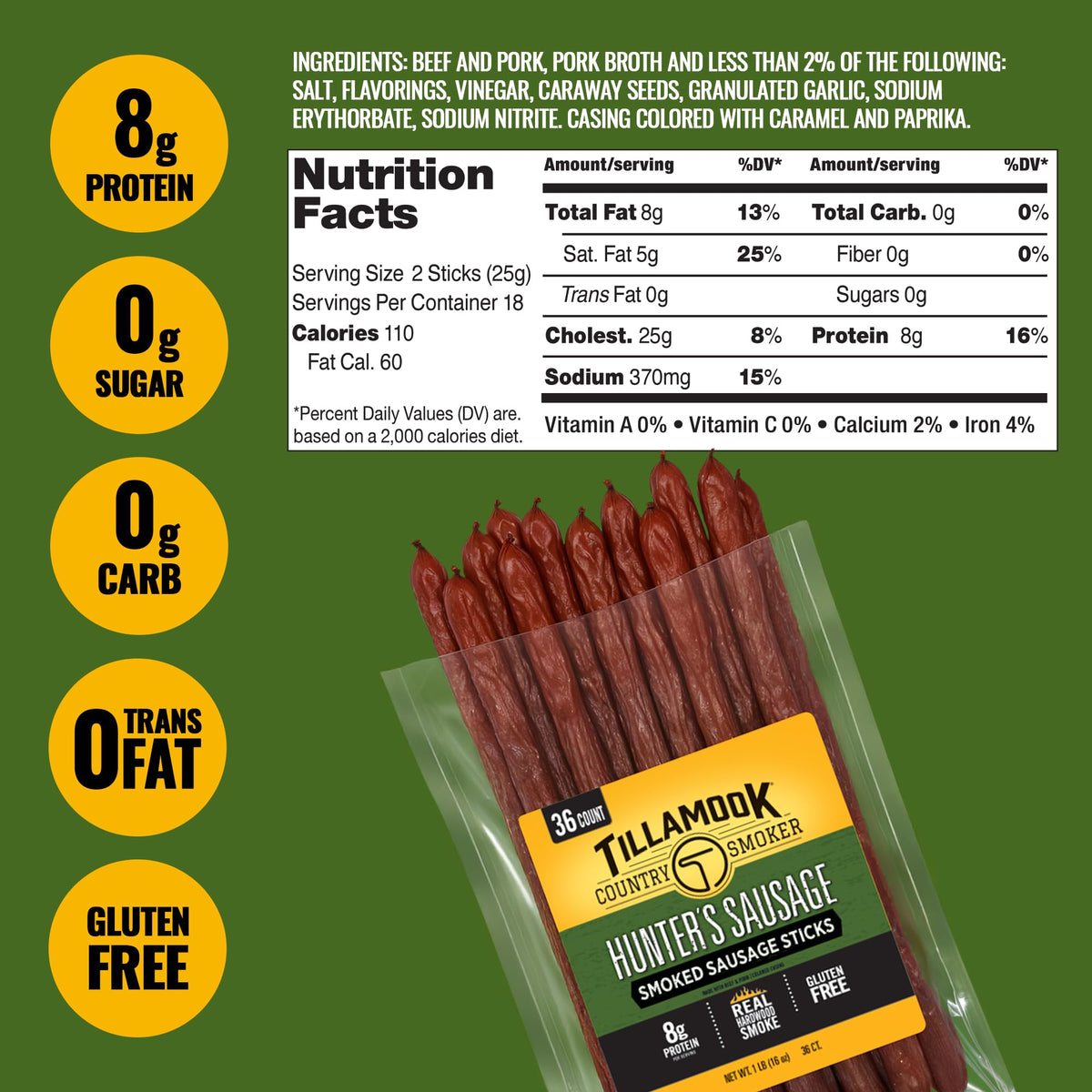 Tillamook Country Smoker 8g protein per serving label close-up.