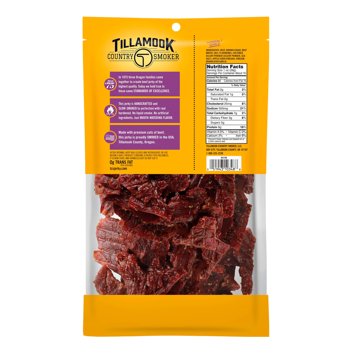 Tillamook Country Smoker beef jerky closeup reveals texture and spice rub
