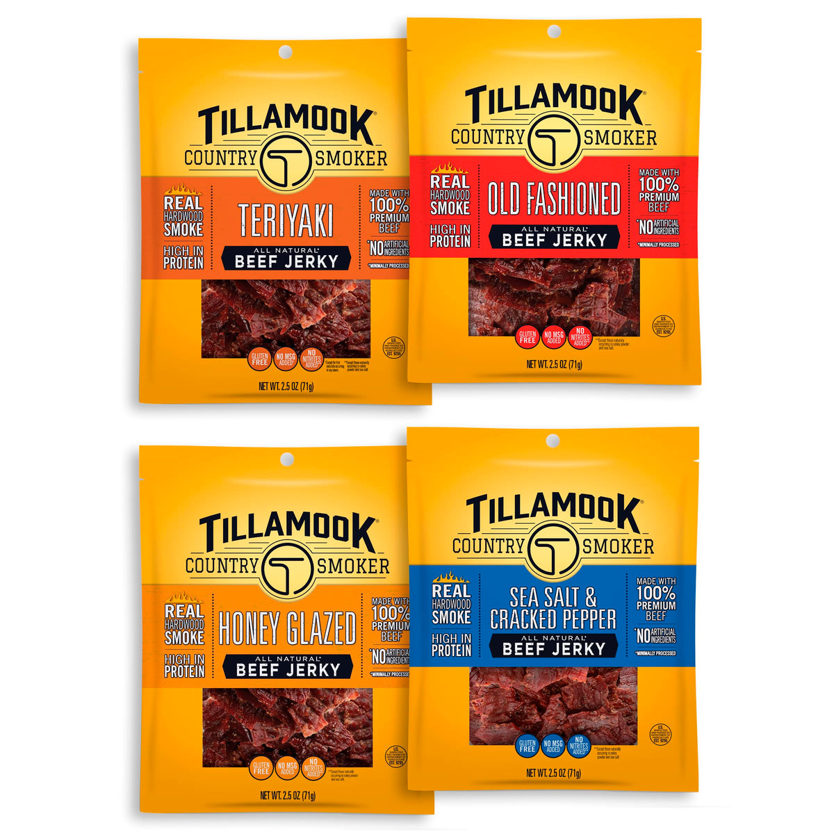 Tillamook Country Smoker beef jerky variety pack front view for on-the-go protein.