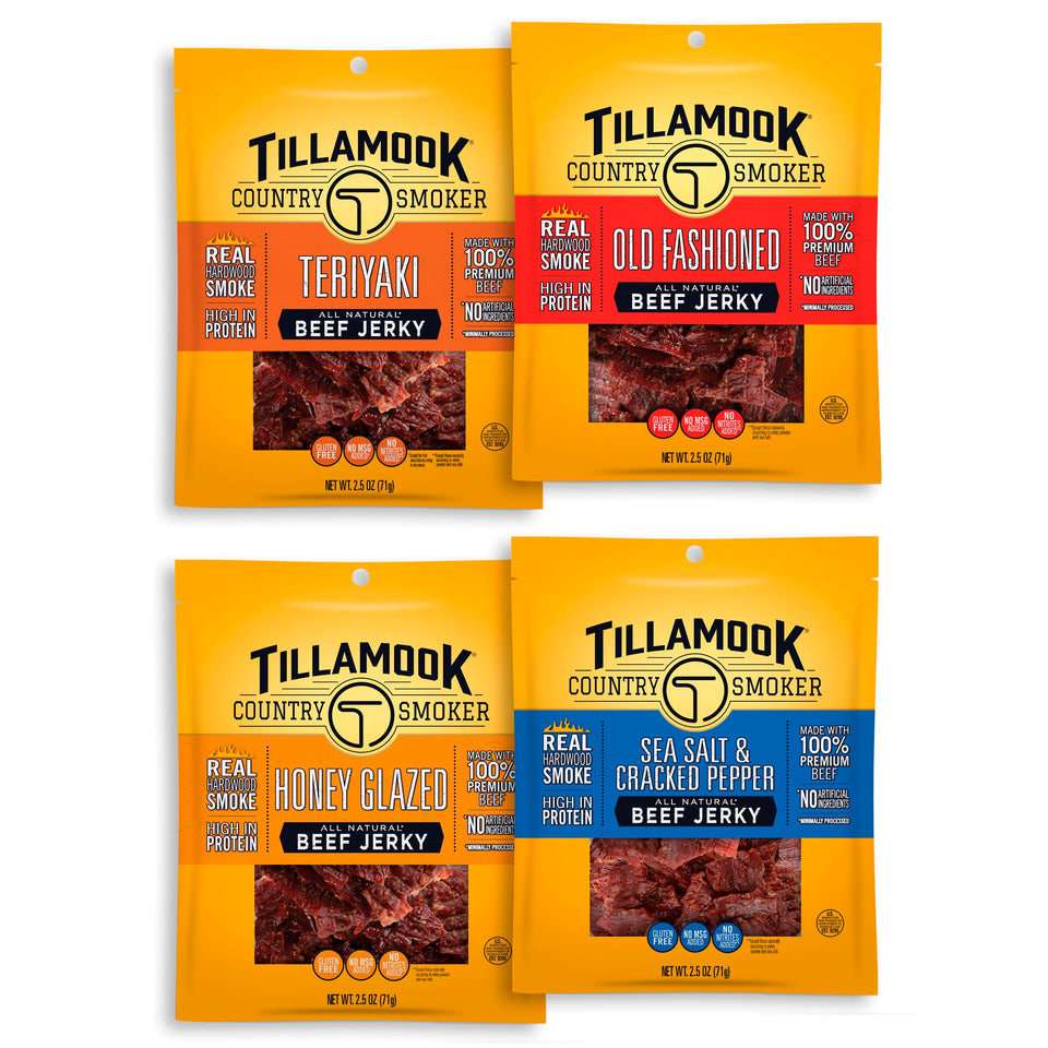 Tillamook Country Smoker beef jerky variety pack front view for on-the-go protein.