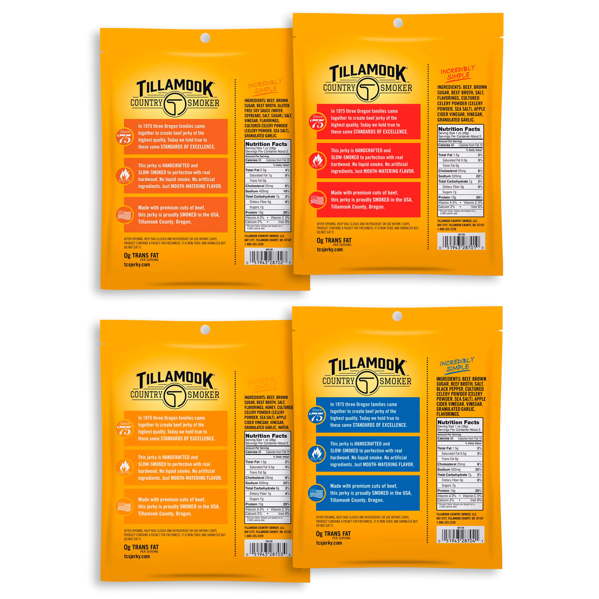 Tillamook Country Smoker beef jerky variety pack side view for display.