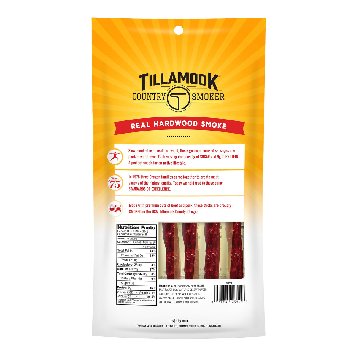 Tillamook Country Smoker beef stick, 1.25oz serving on the go, portable protein.