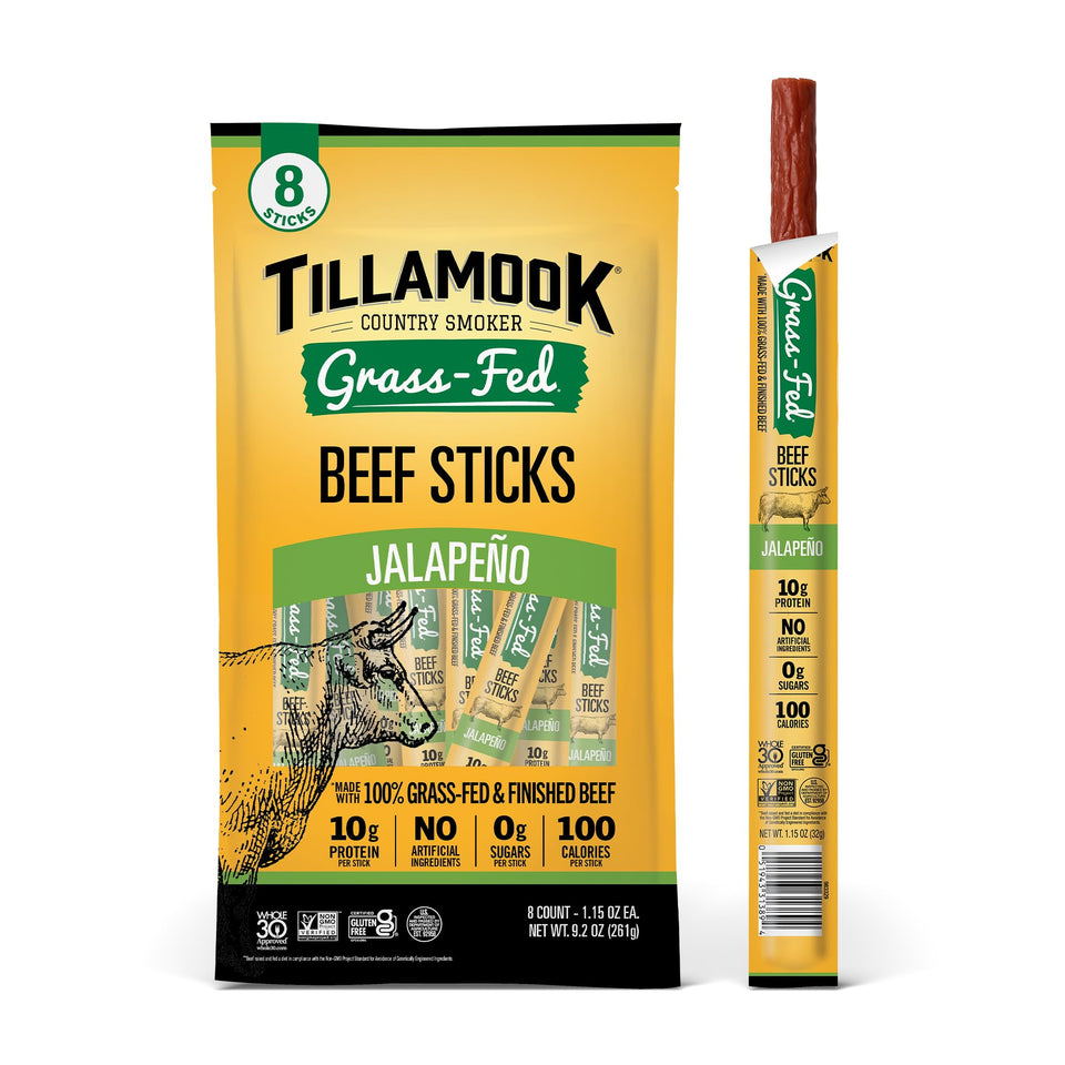 Tillamook Country Smoker grass-fed beef sticks pack for on-the-go protein.