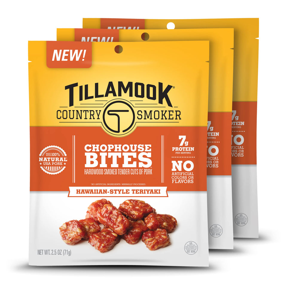 Tillamook Country Smoker Hawaiian Teriyaki Chophouse Bites pack, gluten-free and ready to snack