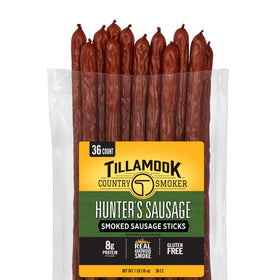 Tillamook Country Smoker Hunter's Sausage bulk pack front, keto friendly protein snack.