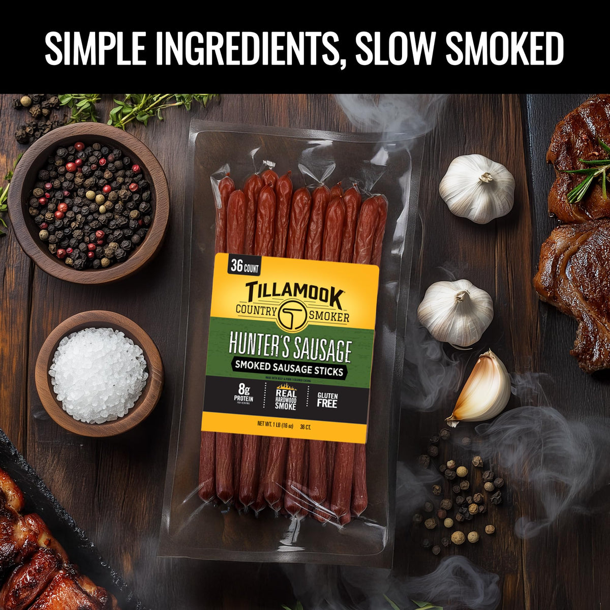 Tillamook Country Smoker Hunter's Sausage on a plate with cheese and veggies.