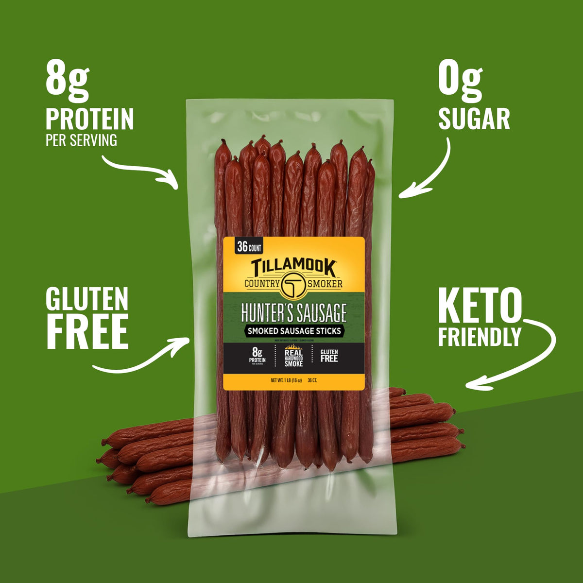 Tillamook Country Smoker Hunter's Sausage pack open, ready-to-eat convenience on the go.