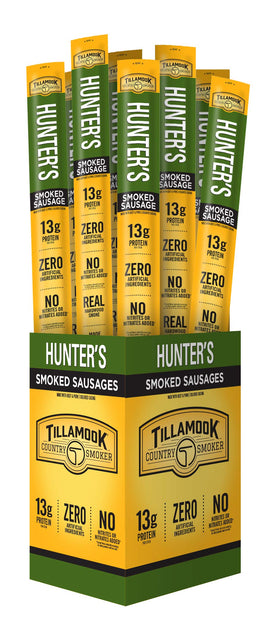 Tillamook Hunter's Sausage Stick pack front view, protein-packed snack on the go.
