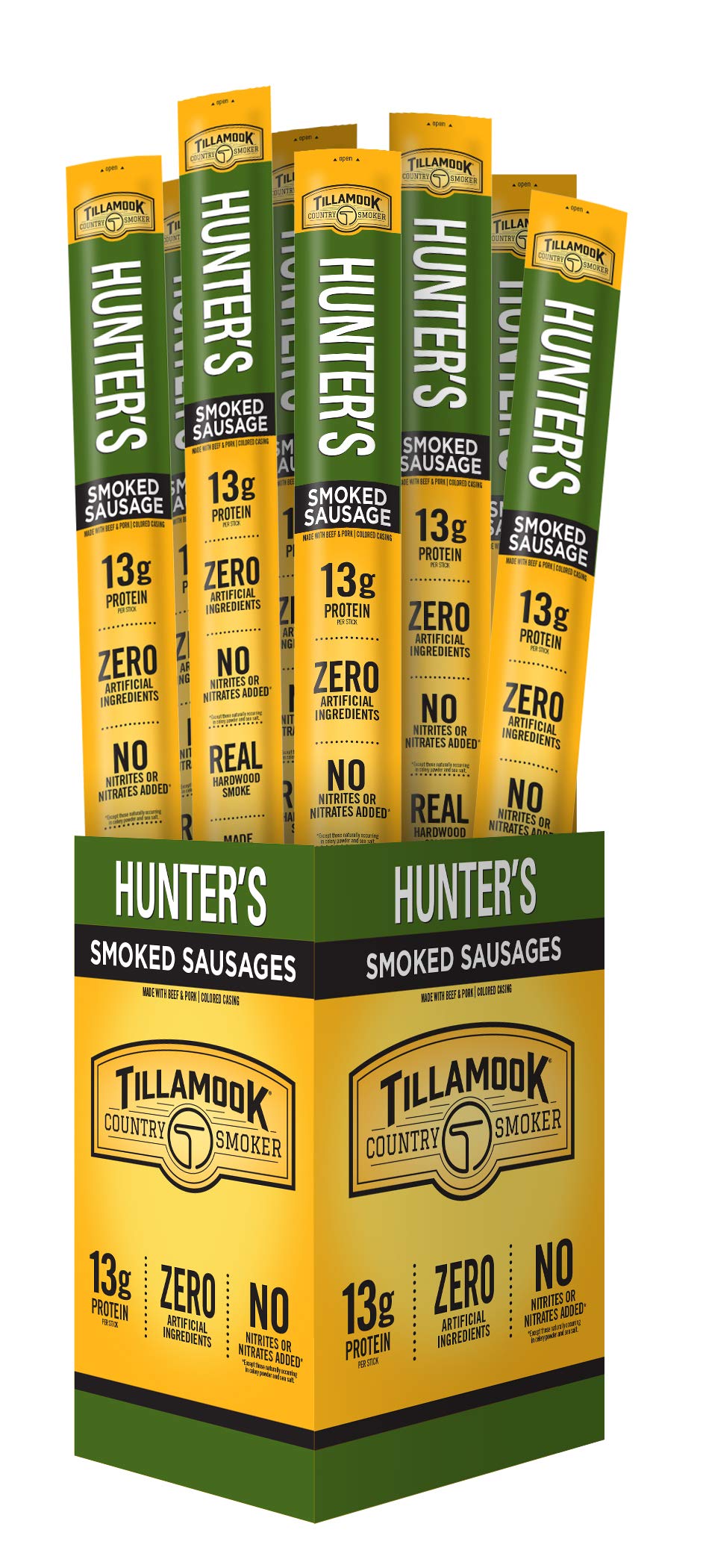 Tillamook Hunter's Sausage Stick pack front view, protein-packed snack on the go.
