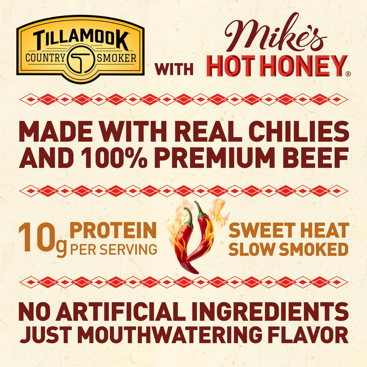 Tillamook Mike’s Hot Honey jerky close-up, beef strips glazed with honey and chili peppers.