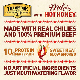 Tillamook Mike’s Hot Honey jerky close-up, beef strips glazed with honey and chili peppers.