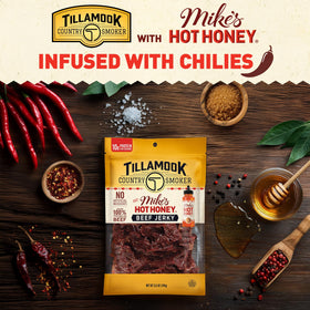 Tillamook Mike’s Hot Honey beef jerky with hardwood smoke aroma and robust texture.