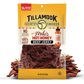 Tillamook Mike’s Hot Honey beef jerky pack front view, bold sweet-heat snack on the go.