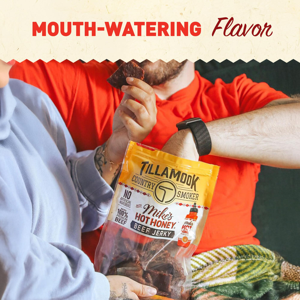 Tillamook Country Smoker jerky served on a plate with vibrant color and inviting shine.