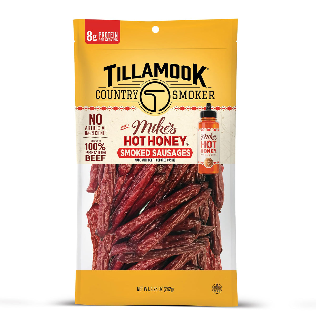 Tillamook Country Smoker Mikes Hot Honey beef sausage front label showing bold sweet heat