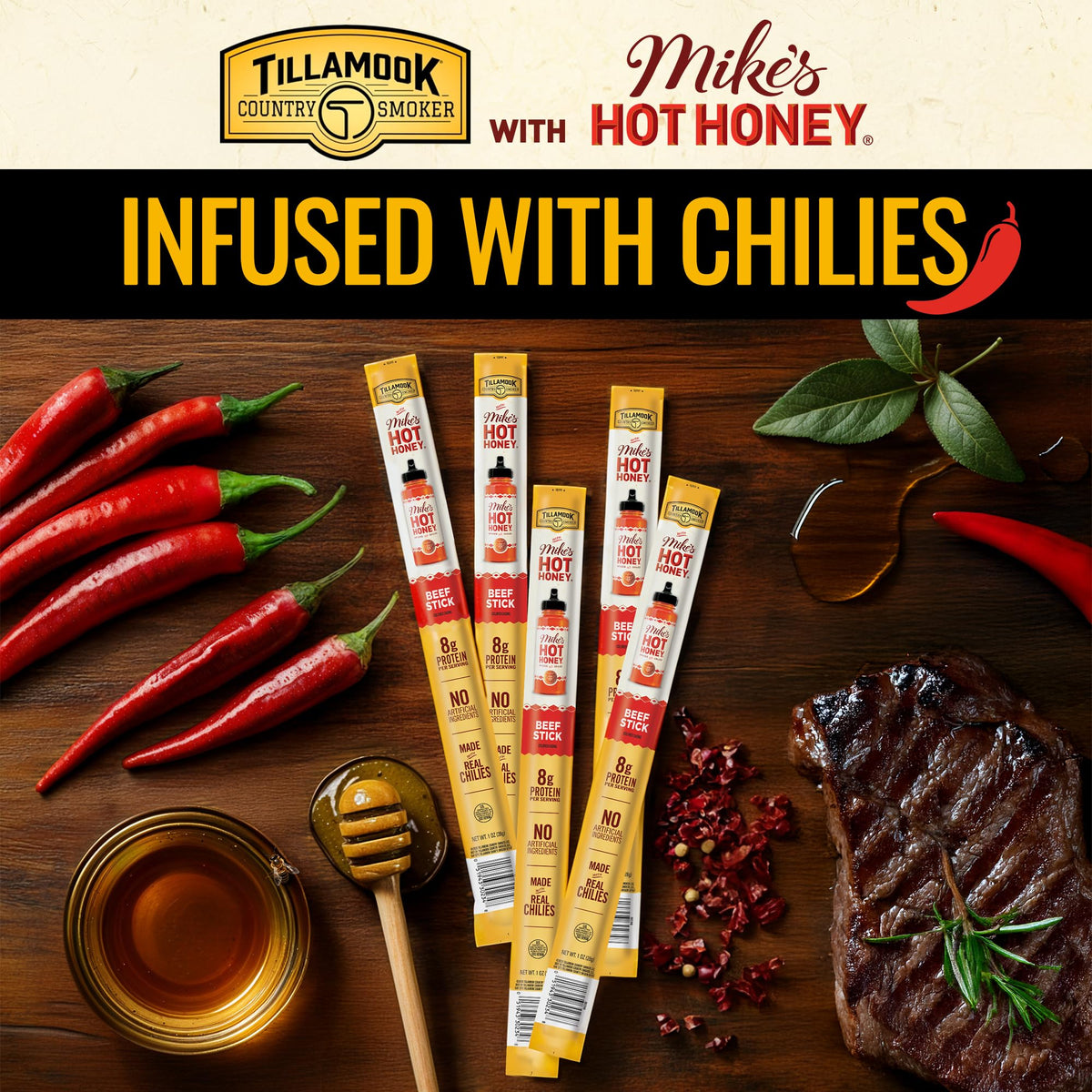 Tillamook Country Smoker Mike's Hot Honey beef sticks close-up portion, ideal for camping snacks.