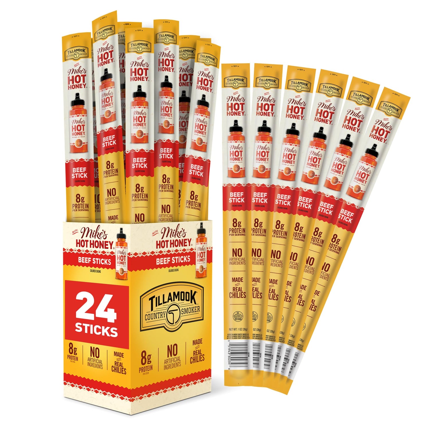 Tillamook Country Smoker Mike’s Hot Honey beef sticks pack for on-the-go snacking.