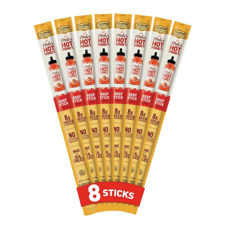 Tillamook Country Smoker Mike's Hot Honey beef sticks packaging, ideal grab-and-go snack.