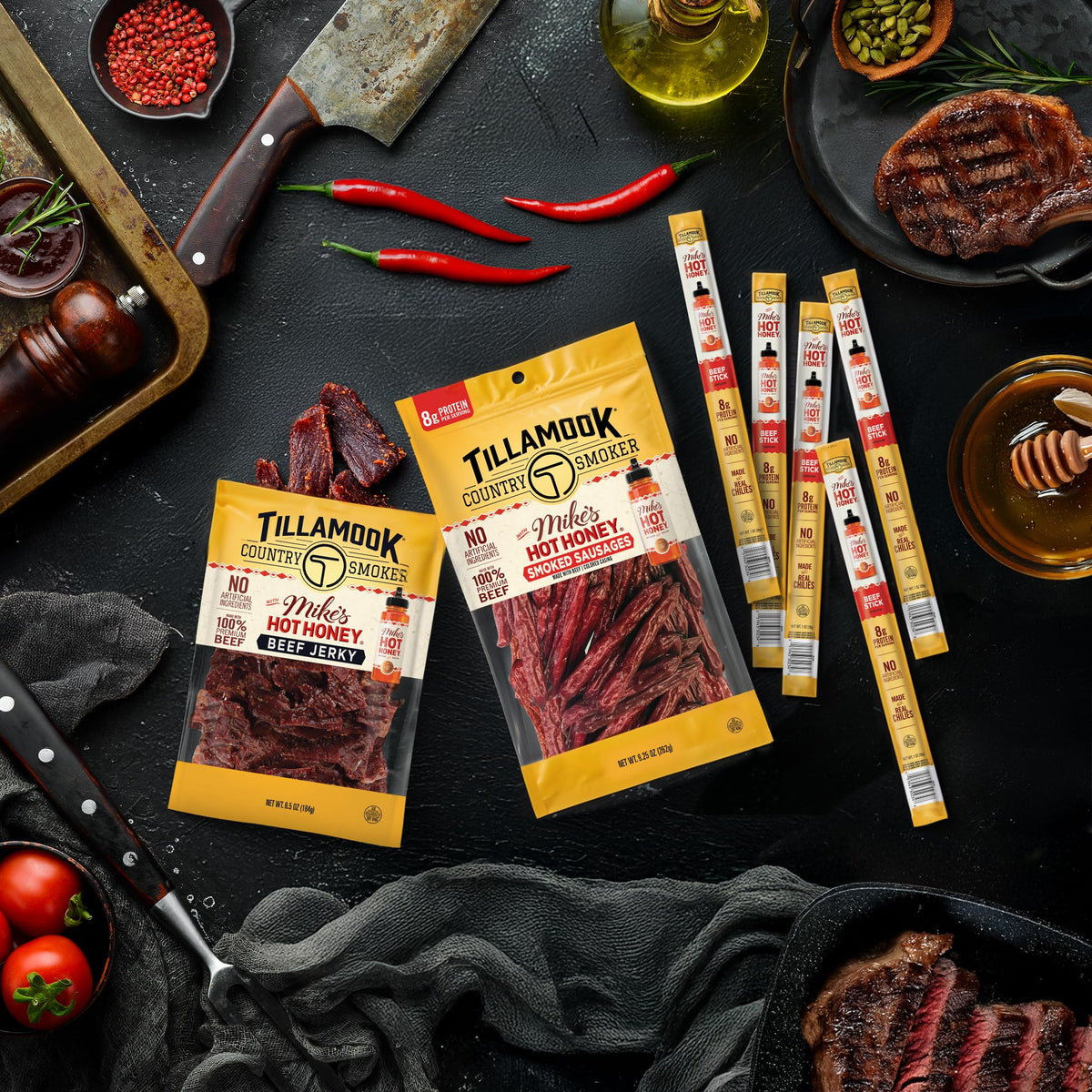 Tillamook Country Smoker Mike’s Hot Honey beef sticks served on a snack board.