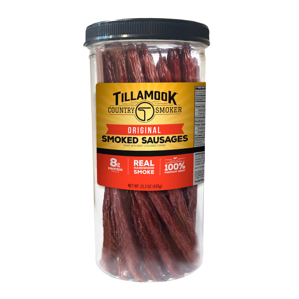Tillamook Country Smoker beef sausages in a resealable jar for on-the-go snacking.