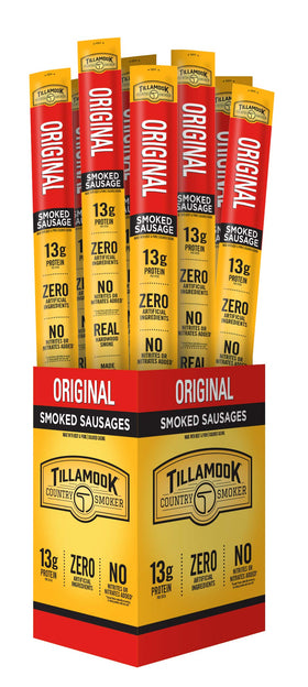 Tillamook Country Smoker original smoked sausage packaging shows premium beef and pork.
