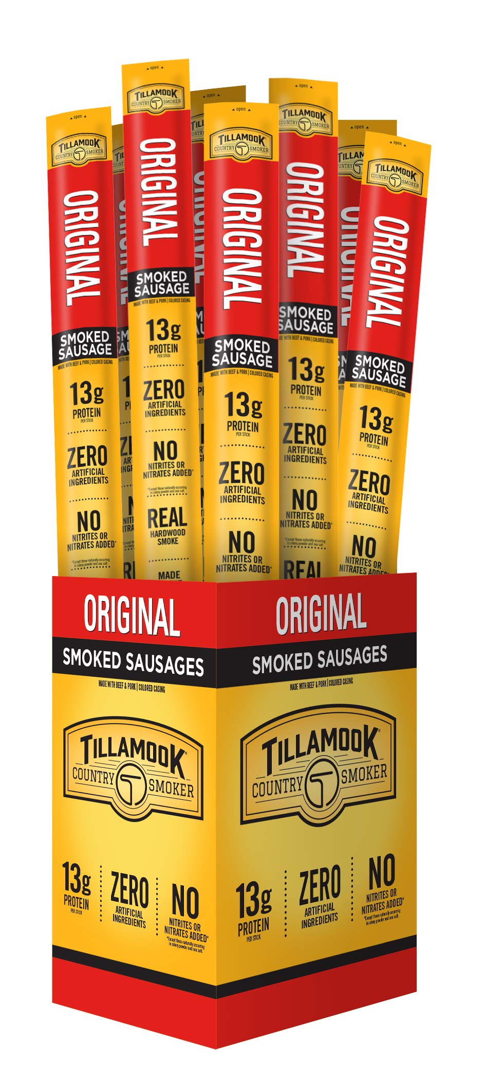 Tillamook Country Smoker original smoked sausage packaging shows premium beef and pork.