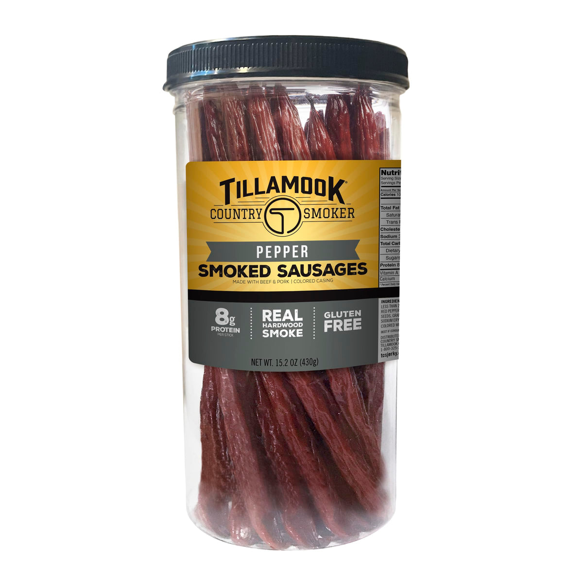 Tillamook Country Smoker pepper sticks jar close-up, a convenient high-protein snack for on-the-go.