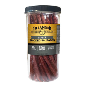 Tillamook Country Smoker pepper sticks jar close-up, a convenient high-protein snack for on-the-go.