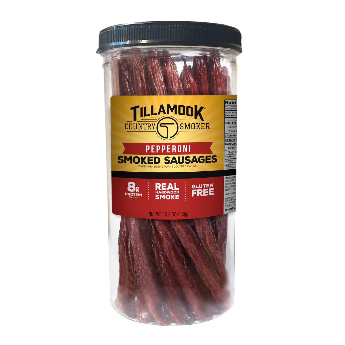 Tillamook Country Smoker pepperoni jar top view shows resealable packaging and branding.