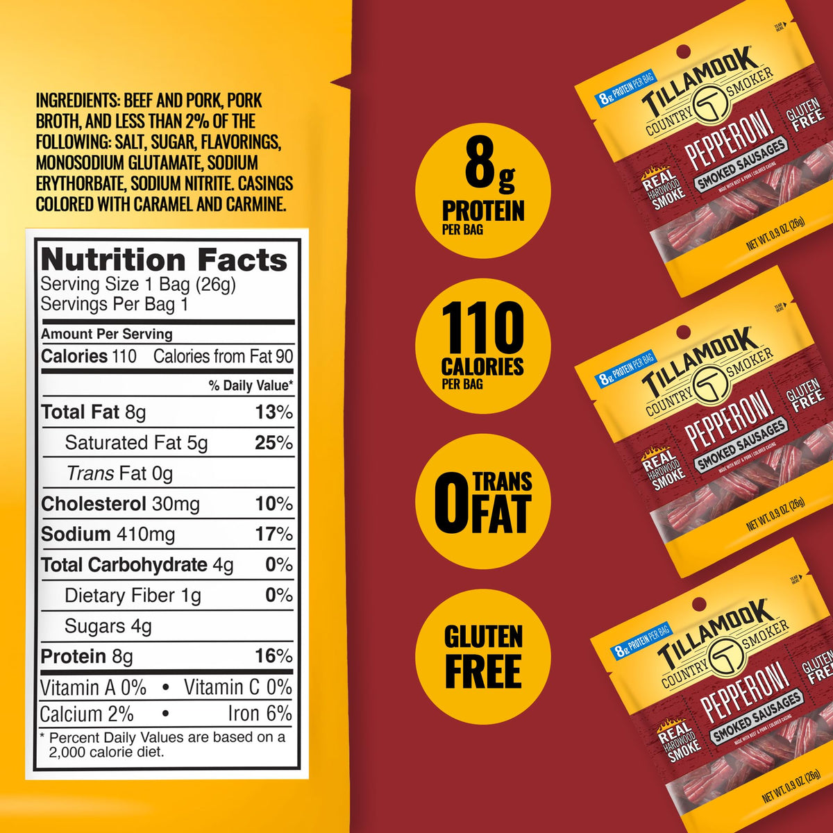 Tillamook Pepperoni Sausages deliver 8g protein per serving for lasting energy.