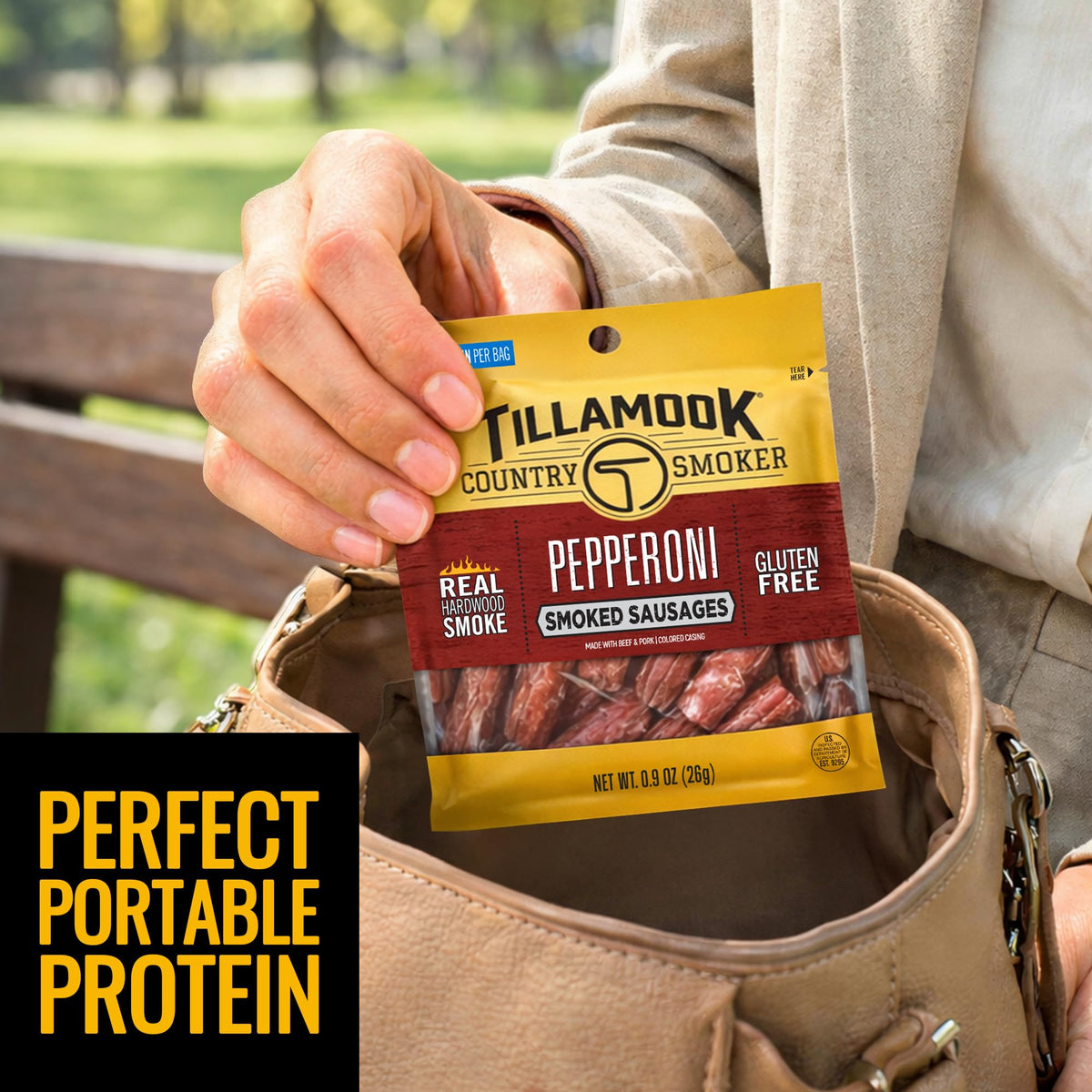 Tillamook Pepperoni Smoked Sausages close-up of real hardwood smoke delivering a deep aroma.