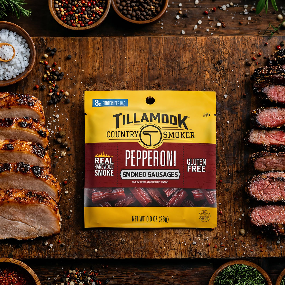 Tillamook Country Smoker Pepperoni Smoked Sausages on-the-go image emphasizes portable protein for gym bags and road trips.