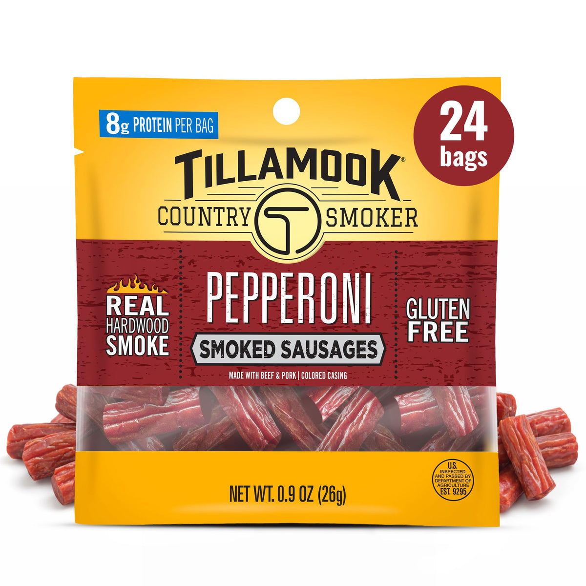 Tillamook Country Smoker Pepperoni Smoked Sausages pack showcases bold hardwood flavor for protein-packed snacking.