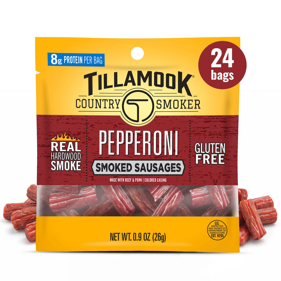 Tillamook Country Smoker Pepperoni Smoked Sausages pack showcases bold hardwood flavor for protein-packed snacking.