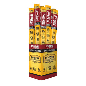 Tillamook Country Smoker Pepperoni Stick packaging shows hardwood-smoked flavor and handy snack size.