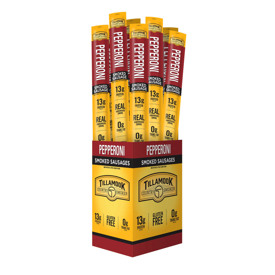 Tillamook Country Smoker Pepperoni Stick packaging shows hardwood-smoked flavor and handy snack size.