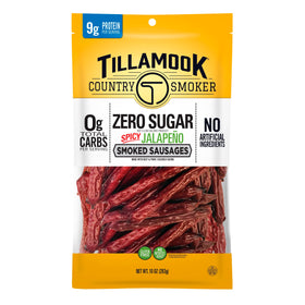 Tillamook Spicy Jalapeño Smoked Sausages in a bag for on-the-go snacking.