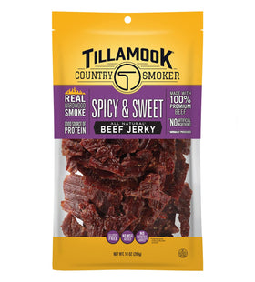 Tillamook Country Smoker spicy-sweet beef jerky bag shows bold flavor and premium protein