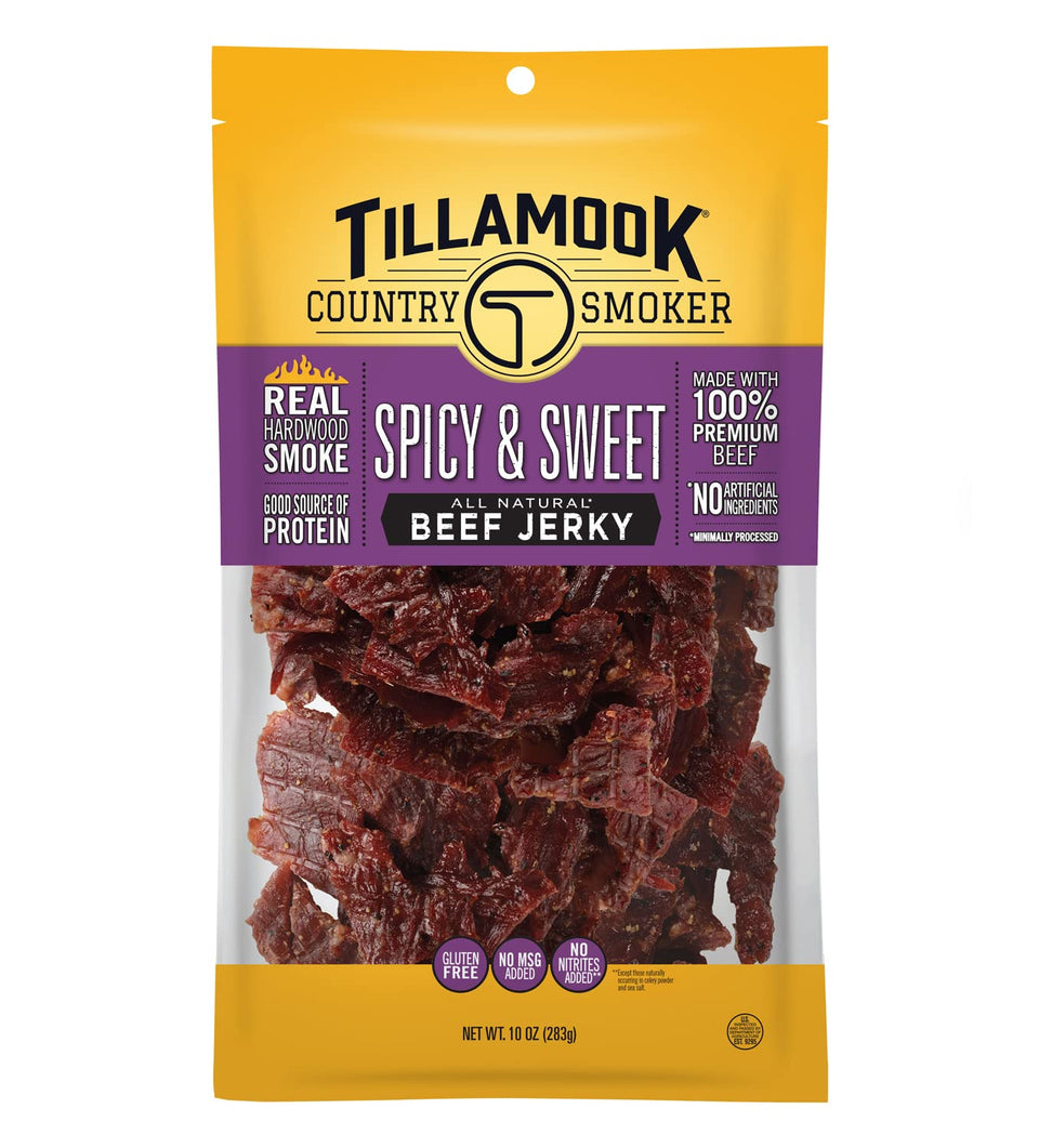 Tillamook Country Smoker spicy-sweet beef jerky bag shows bold flavor and premium protein