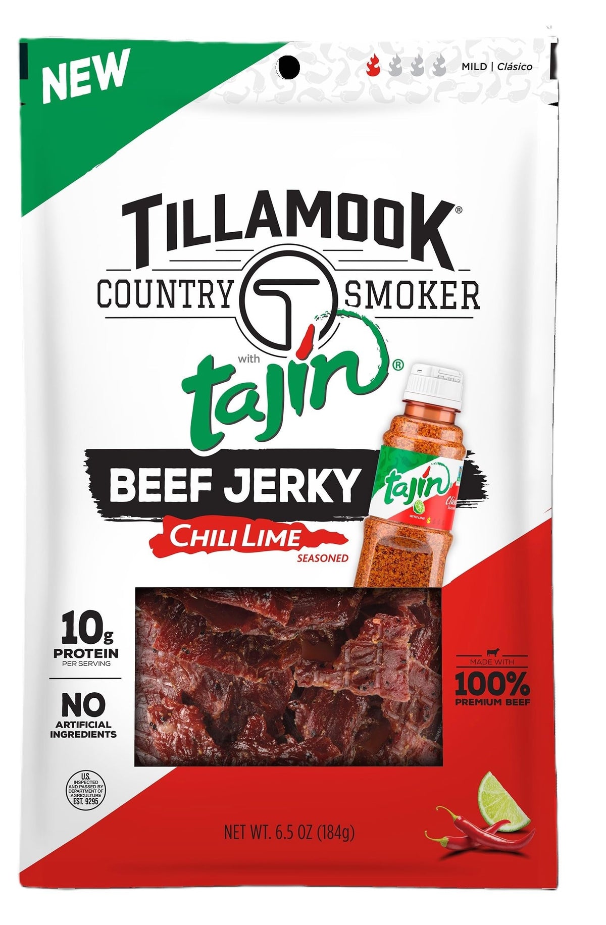 Tillamook Tajin beef jerky packaging highlighting bold chili lime flavor for on-the-go snacking