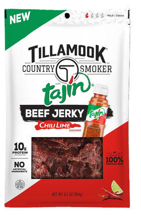 Tillamook Tajin beef jerky packaging highlighting bold chili lime flavor for on-the-go snacking