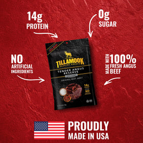 Tillamook Tender Angus Reserve jerky sliced closeup emphasizing clean ingredients