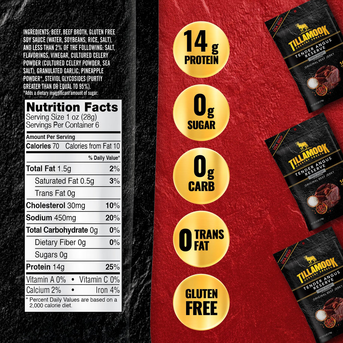 Tillamook Tender Angus Reserve jerky texture closeup highlighting tender, smoky bite