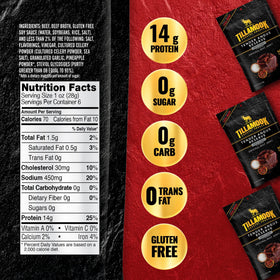Tillamook Tender Angus Reserve jerky texture closeup highlighting tender, smoky bite
