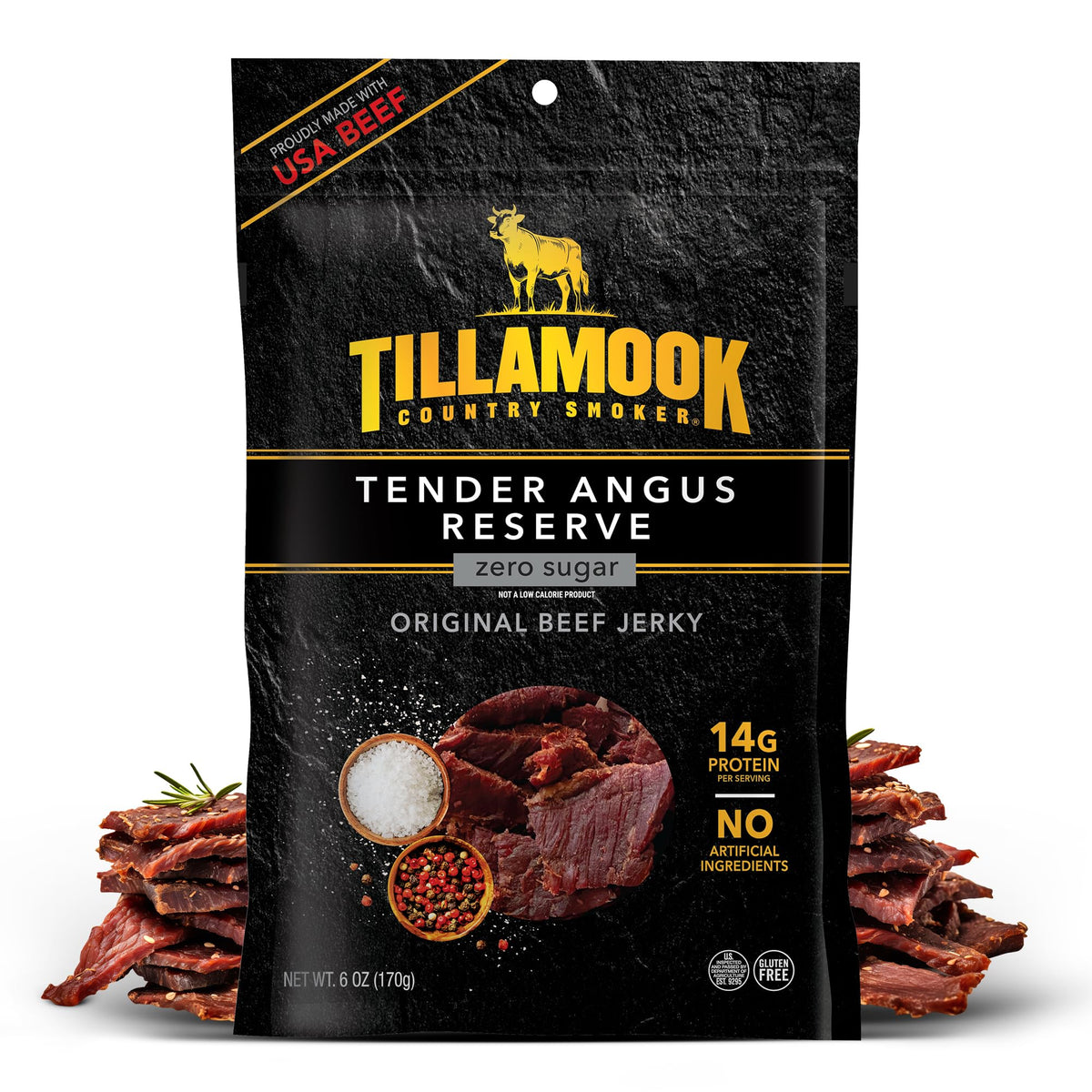 Tillamook Tender Angus Reserve Original Beef Jerky packshot showing a 6 oz bag and protein-rich snack