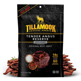 Tillamook Tender Angus Reserve Original Beef Jerky packshot showing a 6 oz bag and protein-rich snack