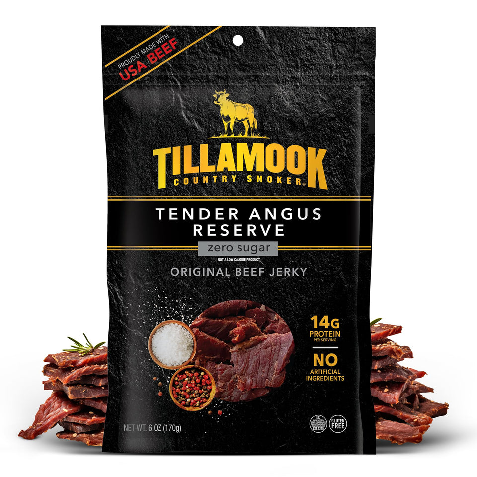 Tillamook Tender Angus Reserve Original Beef Jerky packshot showing a 6 oz bag and protein-rich snack